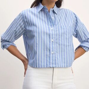 Everlane Blue and White Striped Cotton Cropped Button Down Shirt